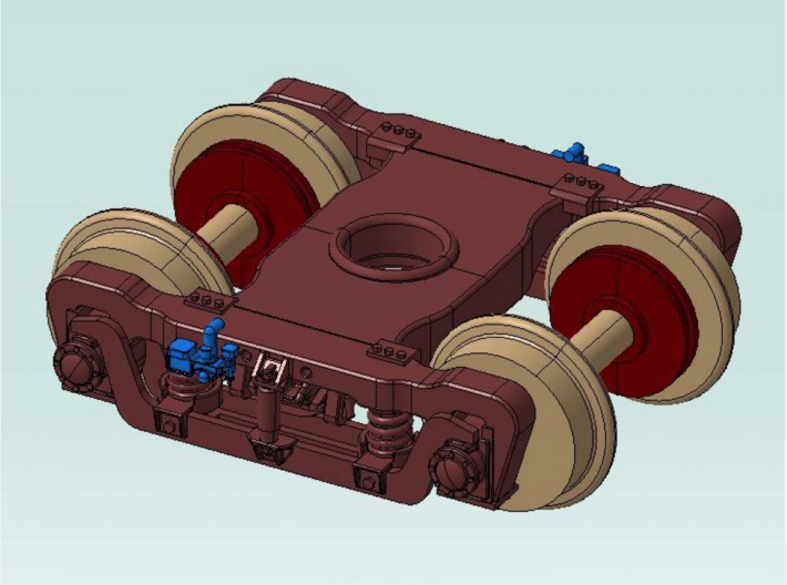 N Scale ATSF EXPRESS TRUCK 3d printed Parts in blue and brake discs from separate Brake Kit. Wheels available separately