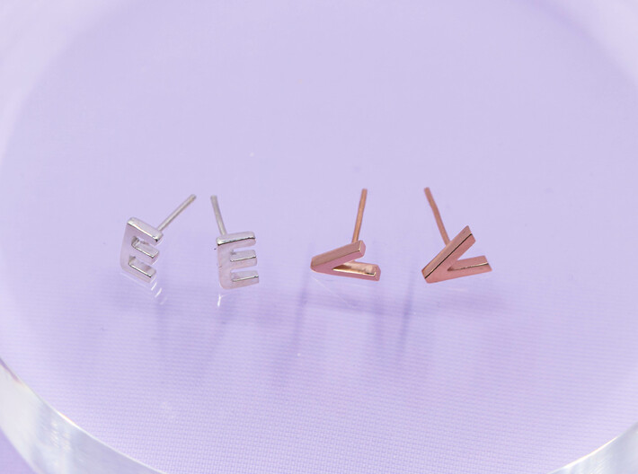 Dainty Letter Stud Earrings (A-K) 3d printed Letter E in Polished Silver & V in Gold Plated Brass