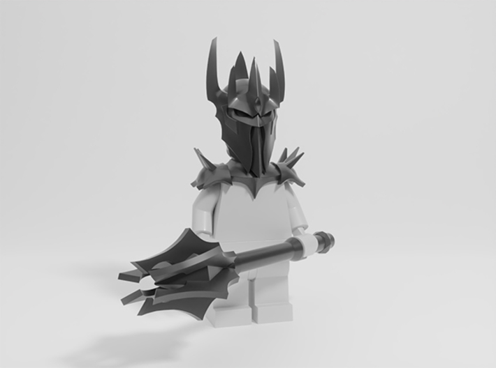 Dark Lord Helmet, Mace &amp; Shoulder Armor 3d printed 3D render, minifig not included, print comes raw &amp; unpainted