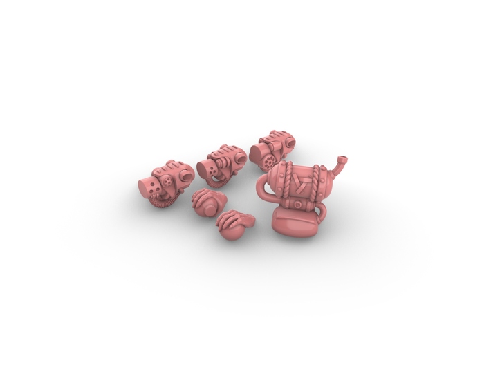 Warhammer Skaven Acolyte Heads Hands Backpacks x10 3d printed Head styles, hands, and backpack shown in pink for contrast