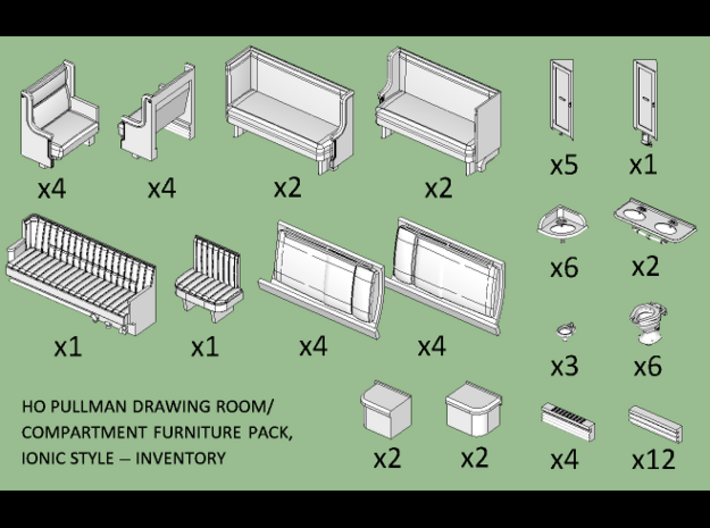HO Pullman DR/C Furniture Pack, Ionic Style 3d printed And here's an inventory chart to be just a bit more clear. (We're telling you, these parts are hard to photograph.)