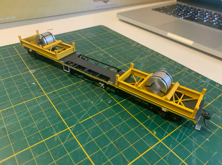 20' DMC Steel Coil Cradle - HO Scale 3d printed Painted with coils on a SDS Models wagon (Not included)
