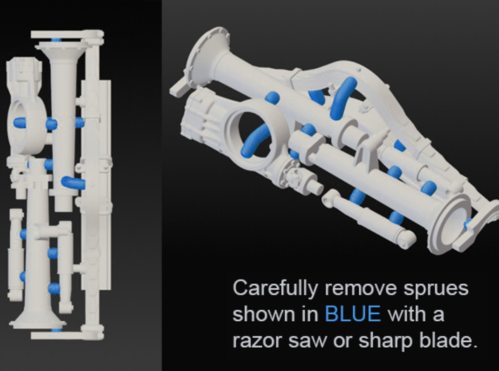 1/25 Quickchange Rear with Crossmember,Spring 3d printed Carefully remove sprues shown in BLUE using a razor saw or sharp blade. Do not use clippers (resin material is fragile and will shatter)