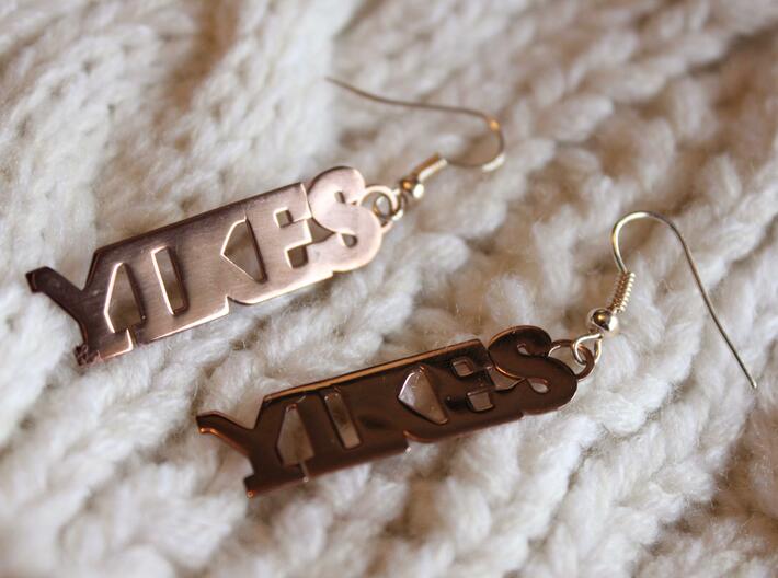 Yikes Earrings 3d printed Product shown in 14k Rose Gold Plated Brass.