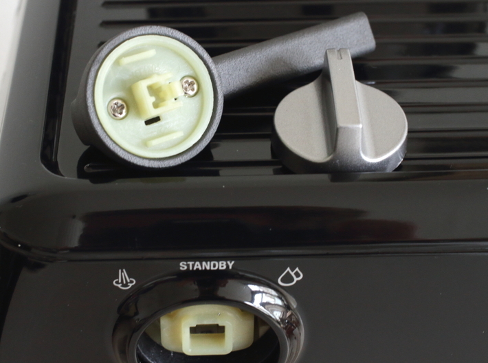 Barista Steam Lever Upgrade 3d printed Original knob (right). Upgraded lever with original screws and plastic insert (left).