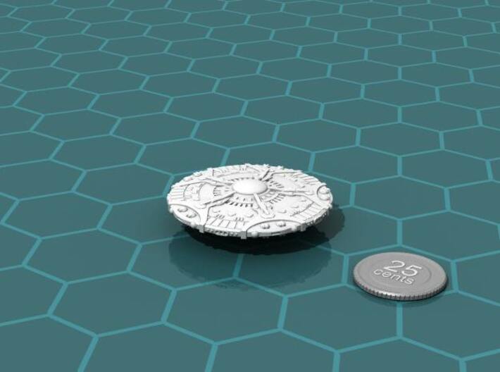Phwee Instigator class Battleship 3d printed Render of the model, with a virtual quarter for scale.