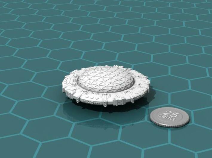 Phwee Populator class Colony Ship 3d printed Render of the model, with a virtual quarter for scale.