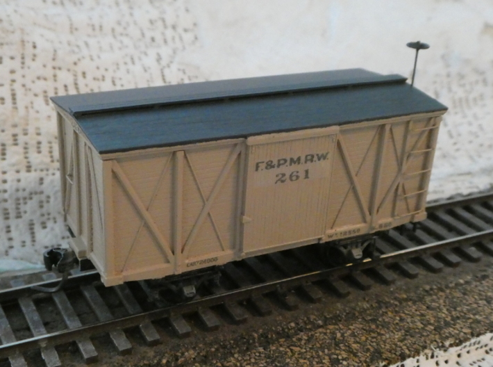 HO F&PM 4-Wheel Boxcar Kit 3d printed Odd... cute... and happy to be on the rails.  We used Tamiya "Wooden Deck Tan" to paint this model.