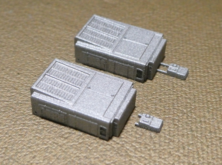HO 1950s Semi Trailer Refrigeration Unit Set 3d printed To ease installation, the AC units are delivered with a small junction box sprued at the correct height below them.  For a more accurate look, cut the junction boxes free; just leave small sprue nubs at the tops of the boxes to represent connectors.