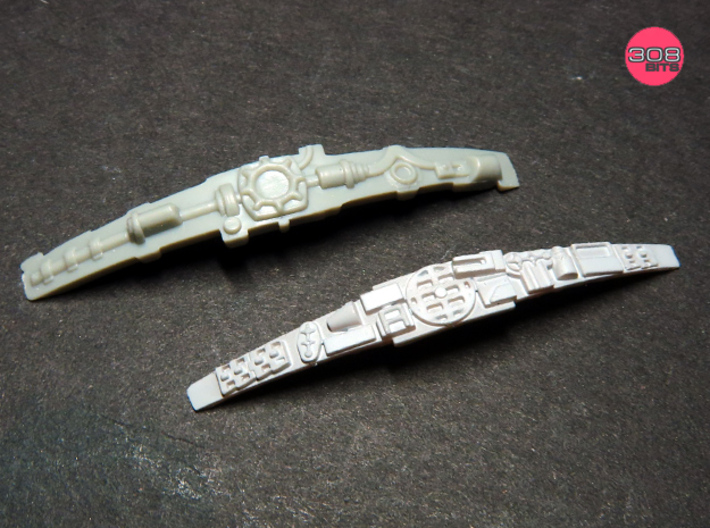 BASE STAR REVELL TRENCH HORIZONTAL GREEBLE SET 3d printed Stock part compared with the upgrade.