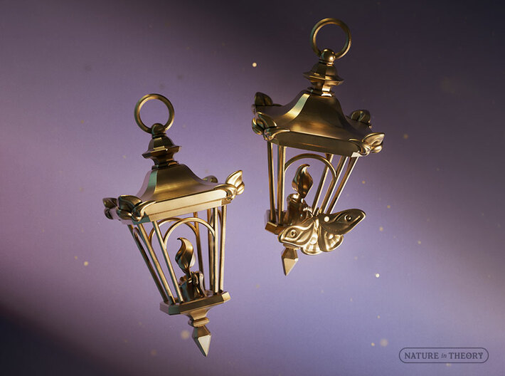 A Candle in the Dark ✦ Lantern Earrings with Moth 3d printed Front: Close-up 3D render.