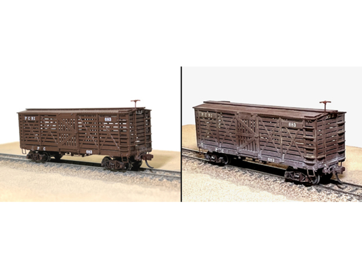 TTn3 / TTn42 PCRy Carter Brothers Stock Car 3d printed Unweathered (L), weathered ‘(R); trucks, couplers, brake wheel, brass wire, decals not included.