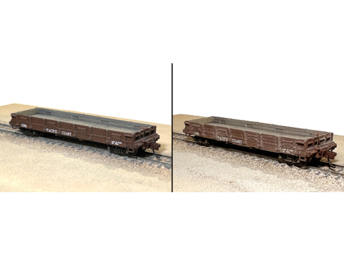 TTn3 / TTn42 PCRy Gravel Gondola #1127 3d printed Unweathered (L), weathered ‘(R); trucks, couplers, brake wheel, brass wire, decals not included.