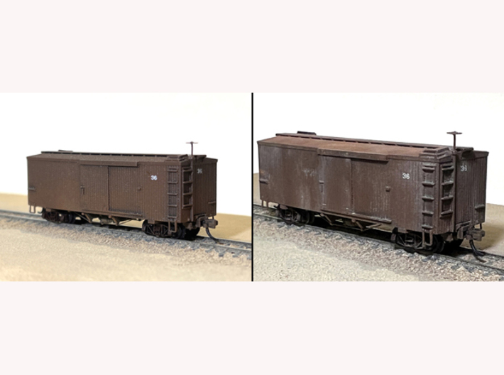 TTn3 / TTn42 Box Car No. 46 3d printed Unweathered (L), weathered ‘(R); trucks, couplers, brake wheel, brass wire, decals not included.