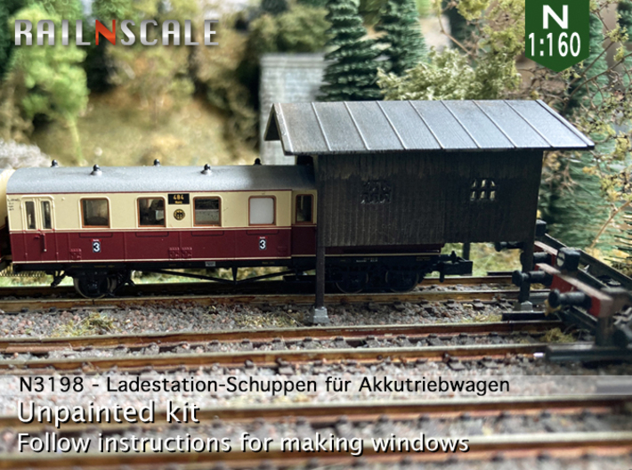Ladestation-Schuppen für Akkutriebwagen (N 1:160) 3d printed