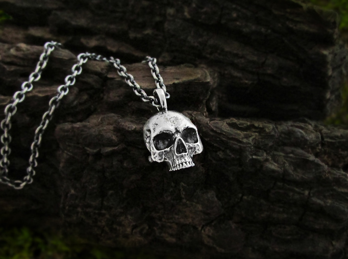 Small Half Skull Pendant Necklace 3d printed Human skull pendant in antique silver