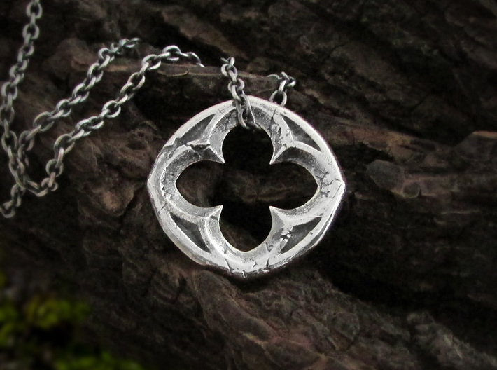 Small Quatrefoil Gothic Window Necklace 3d printed Quatrefoil pendant in antique silver