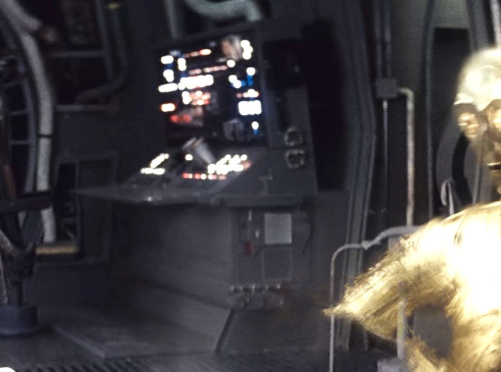 De Ago Falcon Navigation Console 3d printed The console side. Yes, the wedge panel between console and wall really was there! C-3PO looks kind of weird because the photo is actually a composite of multiple frames in order to get Chewbacca out of the frame.
