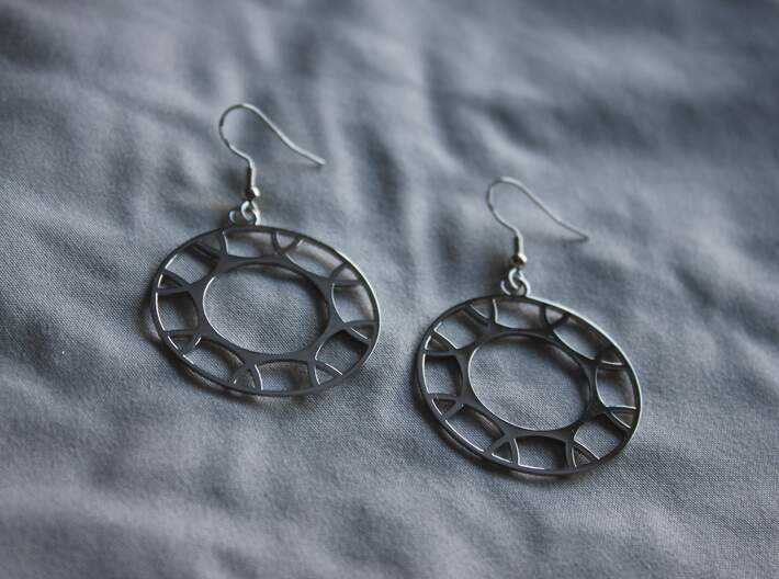 Pandora Earrings 3d printed Product shown in Rhodium Plated Brass.