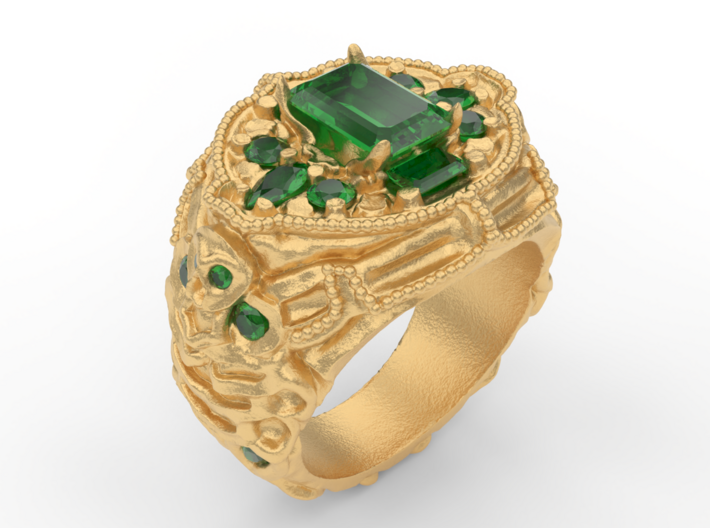 TODOSPIRE LTD CO SKELLY RING 3d printed Isometric render of 3/4 view in polished brass with emeralds