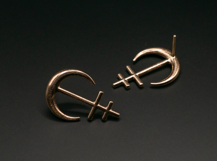 Runish Moon South - Post Earrings 3d printed Natural Bronze