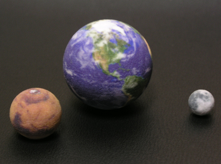 Earth Moon Mars to scale. 50mm / 2&quot; globe 3d printed Photograph of the models