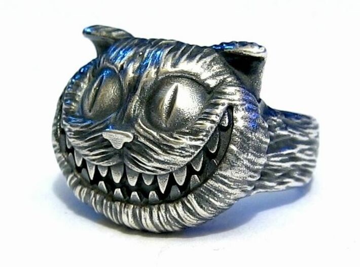 Cheshire Cat Ring 3d printed Raw Silver - Aftermarket Patina and lightly polished afterwards