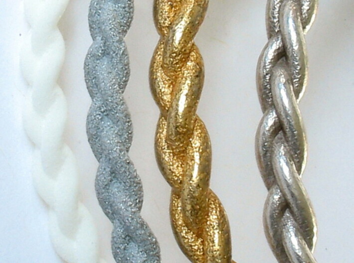 Braid bangle 3d printed Shown in white plastic, alumide, polished gold steel, polished silver