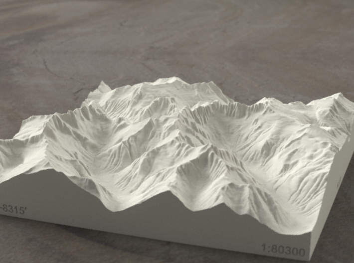 6'' Picket Range, Washington, USA, Sandstone 3d printed Rendering of model from the East, with McMillan Creek on the left