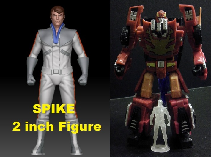 Spike homage Space Man 2inch Transformers Mini-fig 3d printed Size comparison of 2 inch Spike printed in clear Frosted Ultra Detail with Generations Deluxe Class Hotrod/Rodimus. Rodimus/Hotrod figure sold separately. 