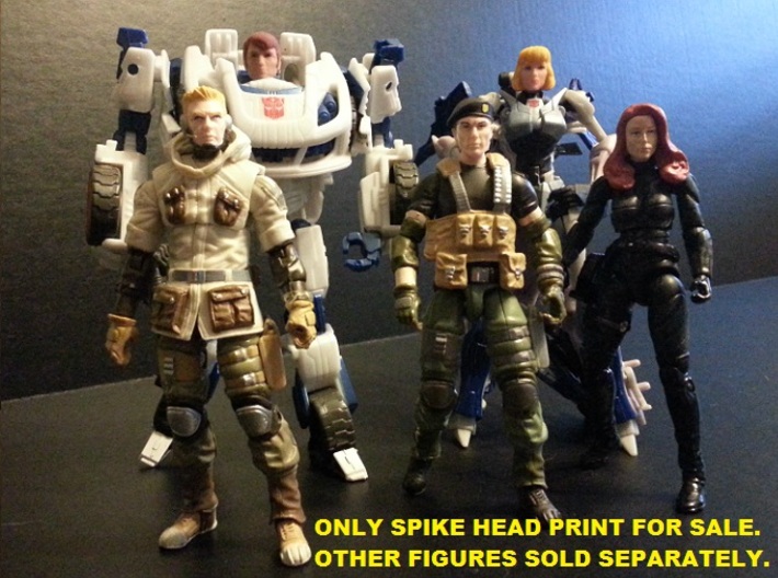 SPIKE Homage Exosuit Head For TF FOC JAZZ 3d printed ONLY SPIKE HEAD INCLUDED WITH PURCHASE. JAZZ body is fully transformable with Spike head attached. Spike head printed in Full Color Sandstone on FOC Jazz body. Sold separately, the 4 inch G.I. Joes and Carly Head on the Arcee body were used to show scale.