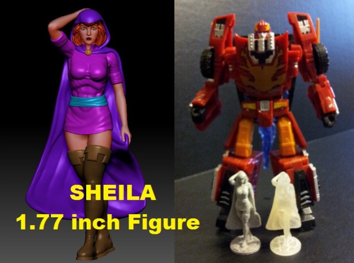 Sheila of D&amp;D 1.77inch Figure 3d printed 1.77 inch Sheila printed in Polished Metallic Plastic and Frosted Ultra Detail (Clear material) with Generations Deluxe Class Rodimus figure. Rodimus figure sold separately.