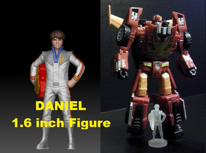 Daniel homage Space Boy 1.6inch Transformers Mini- 3d printed Size comparison of 1.6 inch Daniel printed in Frosted Ultra Detail with a Generations Deluxe Class Hotrod/Rodimus. Hotrod/Rodimus figure sold separately.