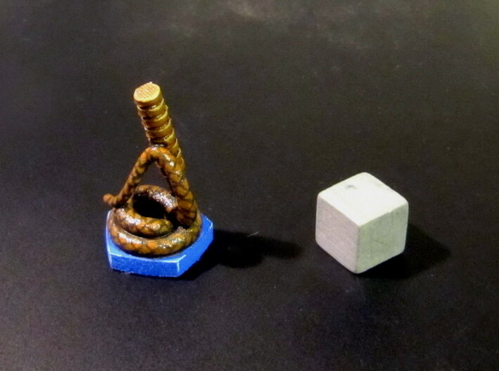 Catcher Tokens (5pcs) - &quot;Whip&quot; version 3d printed Painted token (pentagon base). 10mm cube for scale.