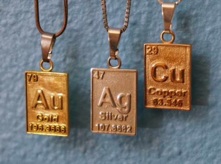 Gold Periodic Table Pendant 3d printed With it's friends, Silver &amp; Copper!