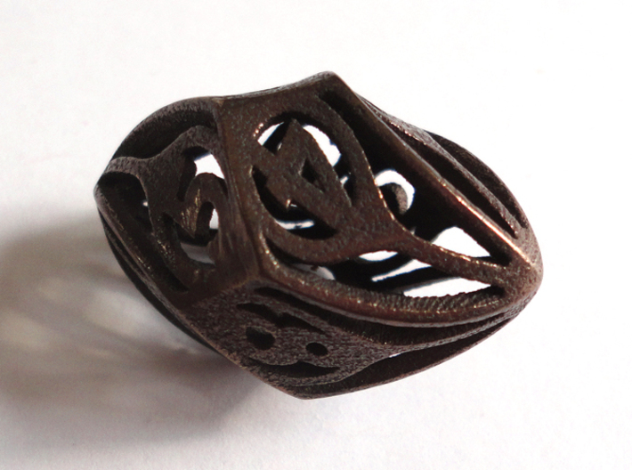 Twisty Spindle d10 3d printed In Polished Bronze Steel