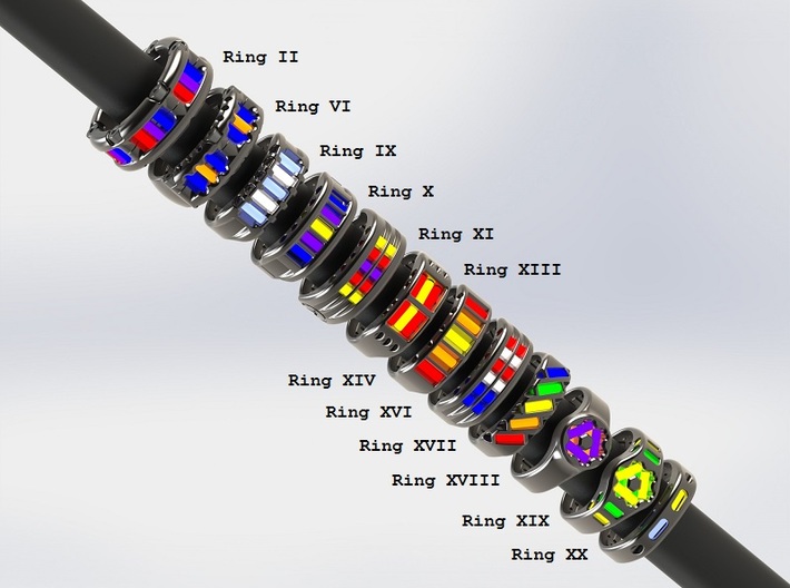 US11 Ring XVII: Tritium 3d printed This render shows the various ring designs that can made available and possible tritium vial arrangements.