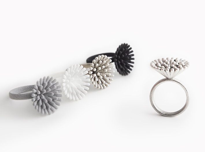 Spike Ring - US 8 size 3d printed Metallic Plastic, Strong &amp; Flexible Plastic White Polished and Black, Polished Nickel Steel