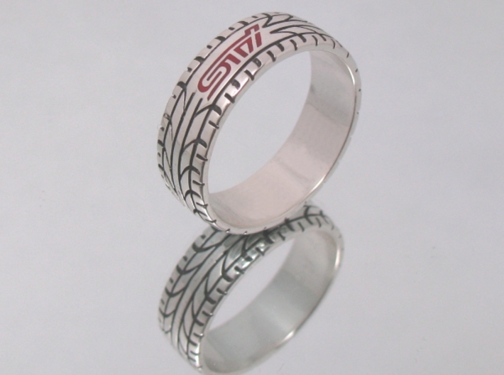 Subaru STI ring - 16 mm (US size 5 1/2) 3d printed Oxydized and polished silver with red enamel