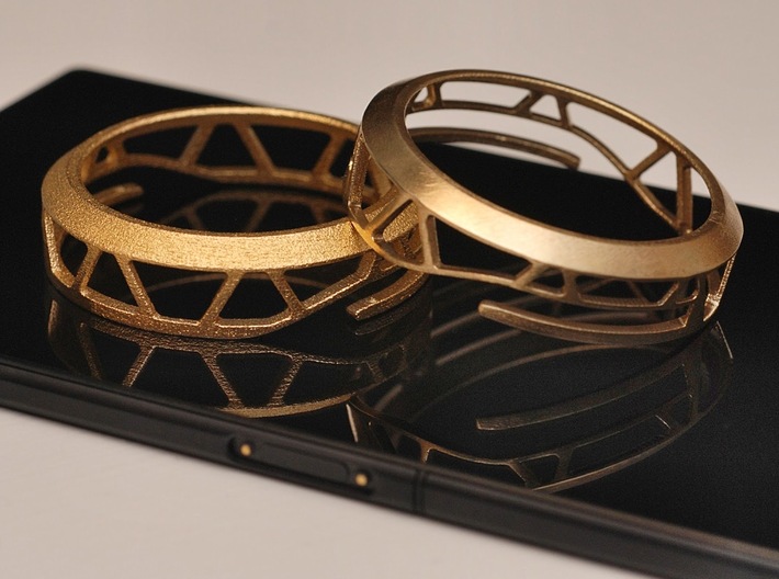 Moto360 Case - Premium 3d printed Polished Gold Steel on the left, Raw Brass on the right