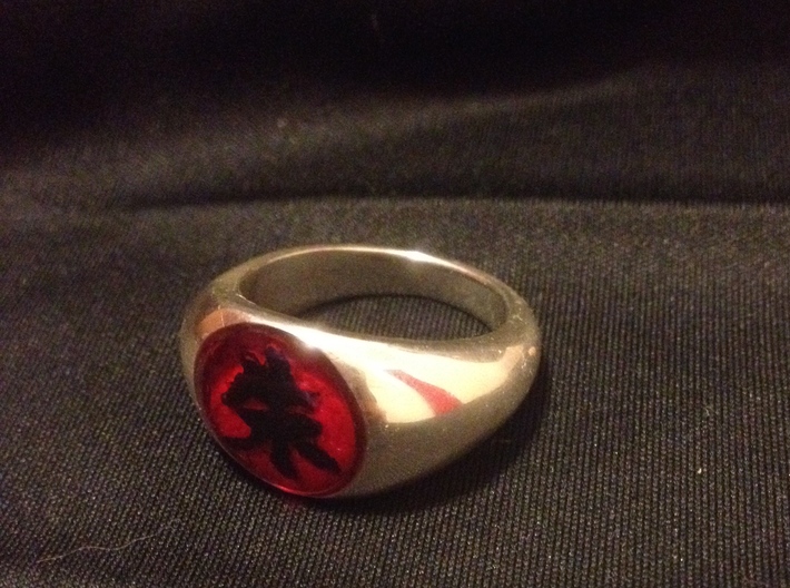 Itachi Ring 3d printed polished silver ring with painted symbol and red resin fill.