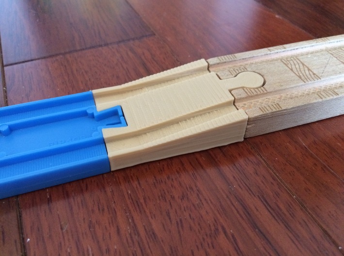 Female Tomy to Male Wooden Railway 3d printed Test print done on consumer 3d printer. Part ordered from Shapeways will be exactly the same size but professionally printed at higher quality.