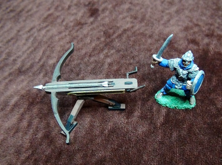 Ballista (28mm scale) 3d printed Ballista in Frosted Ultra Detail, painted with hobby paints. Shown with 28mm scale miniature copyright Reaper, Inc. (not included).