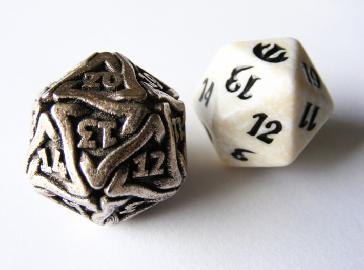 'Twined' Dice D20 Spindown Life Counter Die 24mm 3d printed Size comparison with a regular MTG Spindown die