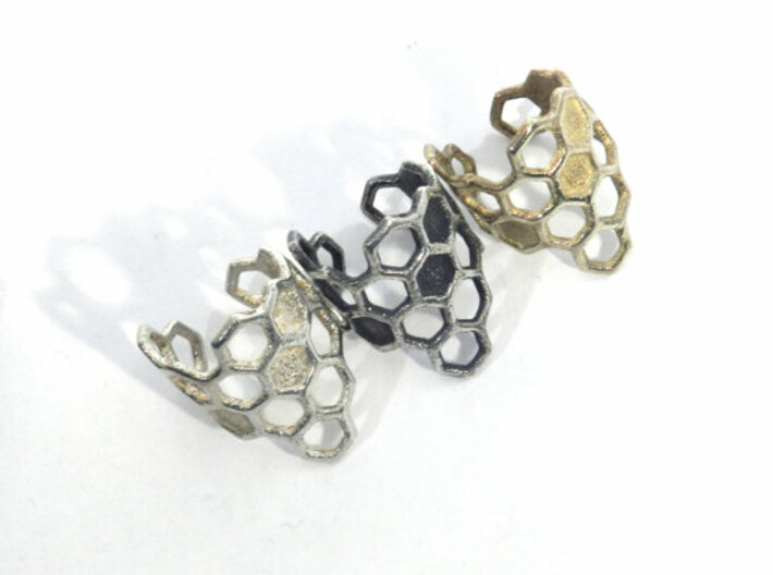 Honeycomb Ring 3d printed raw silver, oxidized silver, brass