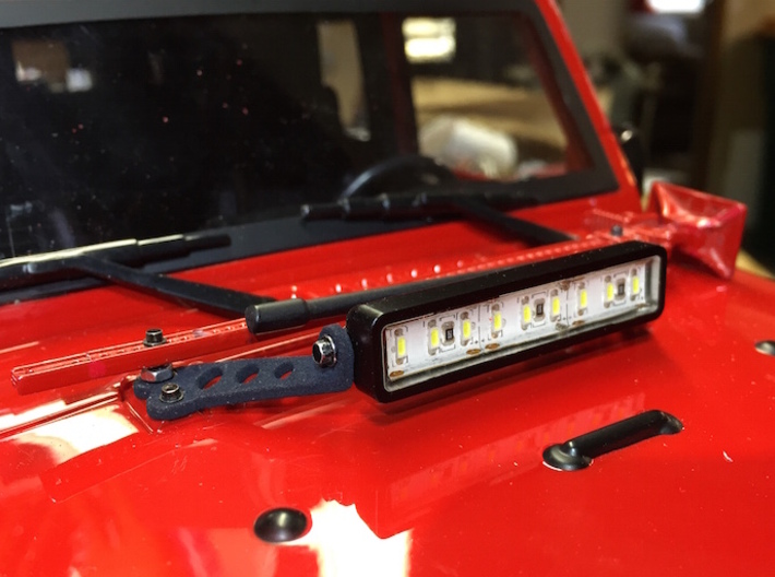 JK LED Hood Mount 3d printed Shown installed with scale hex hardware, light bar, and scale hi-lift jack.