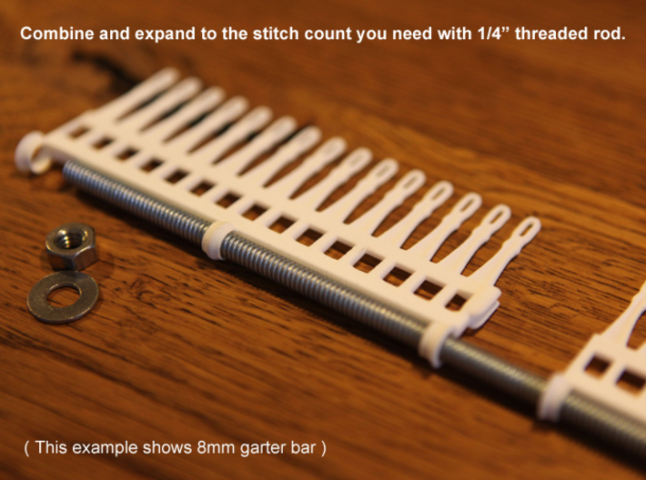 15 tine knitting garter bar - 8mm v3 3d printed Expand with 1/4" threaded rod