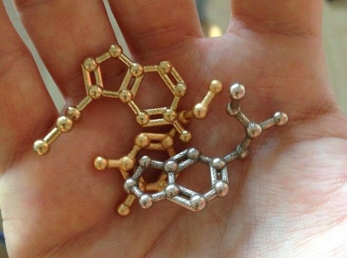 MDMA Molecule Keychain 3d printed MDMA molecule printed in stainless steel; the others are in "matte gold steel" and "raw brass"