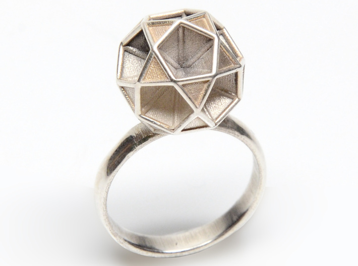 Polyhedron Ring Size 6 3d printed shown in silver