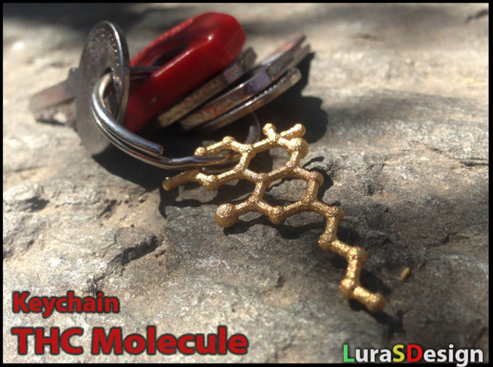 THC Molecule Keychain 3d printed smaller previous version in gold steel